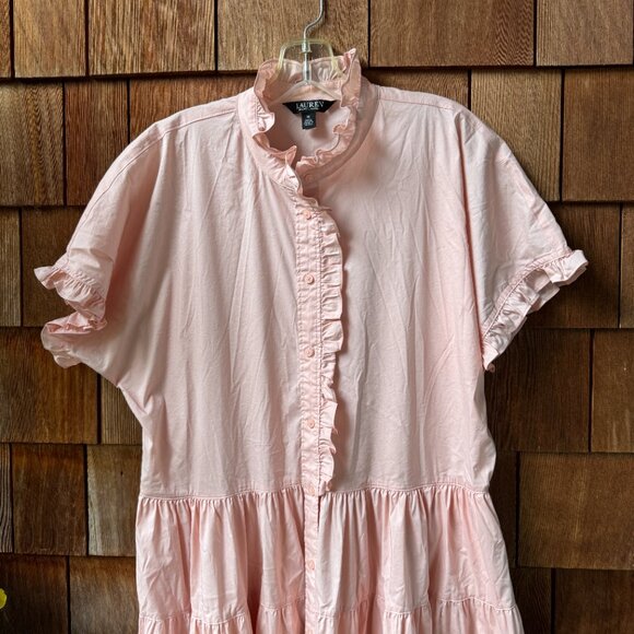 Ralph Lauren Pale Pink Ruffle Trimmed Short Sleeve Tiered Dress in Women's 16 - Picture 2 of 10